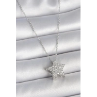 316L Çelik Gümüş Renk Zincir Zirkon Taşlı Yıldız Model Kadın Kolye