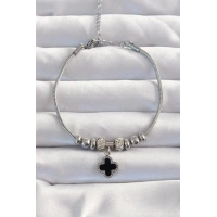 316L Çelik Gümüş Renk Zirkon Taş Aksesuarlı Siyah Mineli Yonca Bileklik