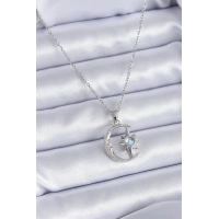 316L Çelik Gümüş Renk Zirkon Taşlı Ay Yıldız Model Kadın Kolye