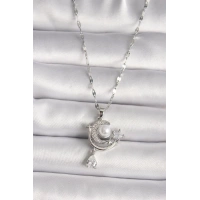 316L Çelik Gümüş Renk Zirkon Taşlı Ay Yıldız Sallantı Detay Kadın Kolye