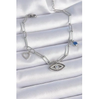 316L Çelik Gümüş Renk Zirkon Taşlı Göz Figür Kalp Detay Kadın Bileklik