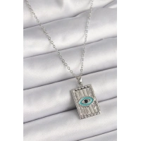 316L Çelik Gümüş Renk Zirkon Taşlı Göz İşleme Detaylı Plaka Model Kadın Kolye