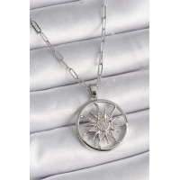 316L Çelik Gümüş Renk Zirkon Taşlı Güneş Madalyon Model Kadın Kolye