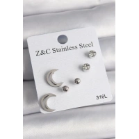 316L Çelik Gümüş Renk Zirkon Taşlı Hilal Model Kadın Küpe Seti