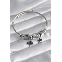 316L Çelik Gümüş Renk Zirkon Taşlı Kalp Detay Yaşam Ağacı Figür Charm Model Kadın Bileklik