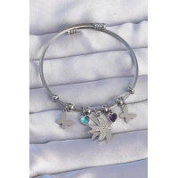 316L Çelik Gümüş Renk Zirkon Taşlı Kuş Tasarımlı Kelebek Detay Charm Bileklik