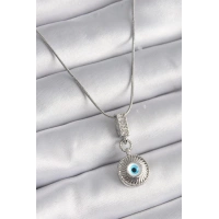 316L Çelik Gümüş Renk Zirkon Taşlı Nazar Boncuk Model Kadın Kolye