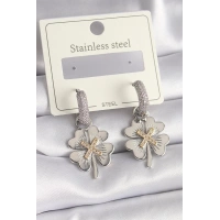 316L Çelik Gümüş Renk Zirkon Taşlı Yonca Model Kadın Küpe