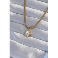 316L Çelik İtalyan Zincirli Gold Renk Zirkon Taşlı Sedefli Yonca Model Kolye