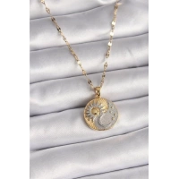 316L Çelik Mix Renk Zincir Zirkon Taşlı Gün Doğumu/Batımı Madalyon Model Kadın Kolye