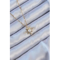 316L Çelik Zincir Altın Renk Baget Taşlı İnci Detay Kutup Yıldızı Kolye