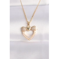 316L Çelik Zincir Altın Renk İnci Taş Detay Zirkon Taşlı Kalp Kolye