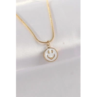 316L Çelik Zincir Altın Renk Mermer Desenli Minimal Smile Kolye