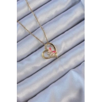 316L Çelik Zincir Altın Renk Mineli Kelebek Figür Zirkon Taşlı Kalp Kolye