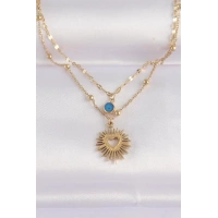 316L Çelik Zincir Altın Renk Nazar Boncuk Detay Kalp Güneşi Kolye