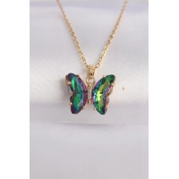 316L Çelik Zincir Altın Renk Zincir Yeşil Kelebek Model Renkli Zirkon Taşlı Kolye