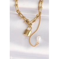 316L Çelik Zincir Altın Renk Zincirli Love Yazılı Kilit Kolye