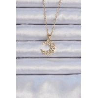 316L Çelik Zincir Altın Renk Zirkon Taşlı Ay Kolye