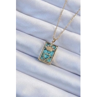 316L Çelik Zincir Altın Renk Zirkon Taşlı Mavi Mermer Desenli Taç Model Tarot Kolye