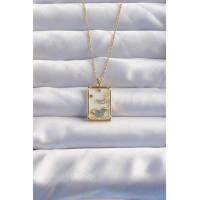 316L Çelik Zincir Gold Renk Ay Detay Mavi Zirkon Taşlı Tarot Kolye