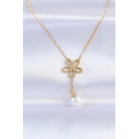 316L Çelik Zincir Gold Renk İnci Detay Çiçek Kolye