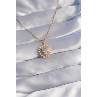 316L Çelik Zincir Gold Renk İncili Zirkon Taşlı Kalp Tasarımlı Kolye