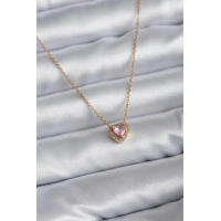 316L Çelik Zincir Gold Renk Pembe Zirkon Taşlı Charm Kadın Kolye