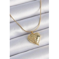 316L Çelik Zincir Gold Renk Zirkon Taşlı Kalp Kanat İşlemeli Kadın Kolye