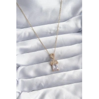 316L Çelik Zincir Gold Renk Zirkon Taşlı Taç Model Kadın Kolye