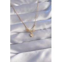 316L Çelik Zincir Gold Renk Zirkon Taşlı Yarım Fiyonk Kalp Kolye