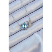 316L Çelik Zincir Gümüş Renk Ay Tasarımlı Renkli Zirkon Taşlı Çiçek Kolye