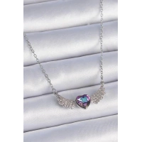 316L Çelik Zincir Gümüş Renk Mor Zirkon Taşlı Kanatlı Kalp Model Kadın Kolye