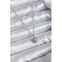 316L Çelik Zincir Gümüş Renk Pembe Zirkon Taş Charm Model Kadın Kolye