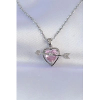 316L Çelik Zincir Gümüş Renk Pembe Zirkon Taşlı Eros Kolye