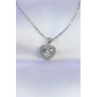 316L Çelik Zincir Gümüş Renk Zirkon Taşlı Charm Kalp Kolye