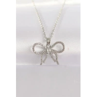 316L Çelik Zincir Gümüş Renk Zirkon Taşlı Fiyonk Kolye