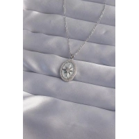 316L Çelik Zincir Gümüş Renk Zirkon Taşlı Kabartmalı Kutup Yıldızı Kolye