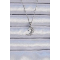 316L Çelik Zincir Gümüş Renk Zirkon Taşlı Sallantılı Ay Yıldız Kolye