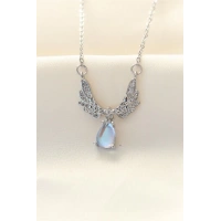 316L Zinciri Çelik Zirkon Taşlı Gümüş Renk Kanatlı Damla Kolye