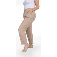 325001 Beli Lastikli Dantel Çiçek Desenli Keten Kadın Pantolon Bej