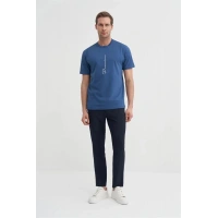 4091 Yazı Baskılı Bisiklet Yaka Erkek T-Shirt Indigo