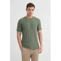 4203 Viskon Kumaş Bisiklet Yaka Regular Fit Erkek T-Shirt HAKİ
