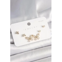 925 Ayar Çivi Gümüş Pirinç Gold Renk Zirkon Taşlı Kelebek Model Kadın Küpe Seti