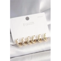 925 Ayar Gümüş Çivi Pirinç Gold Renk İşlemeli Halka Model Kadın Küpe Seti