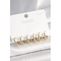 925 Ayar Gümüş Çivi Pirinç Gold Renk Sarmal Halka Model Kadın Küpe Seti
