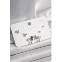 925 Ayar Gümüş Çivi Pirinç Gümüş Renk Zirkon Taşlı Kelebek Model Kadın Küpe Seti