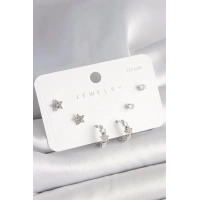 925 Ayar Gümüş Çivi Pirinç Gümüş Renk Zirkon Taşlı Yıldız Model Kadın Küpe Seti