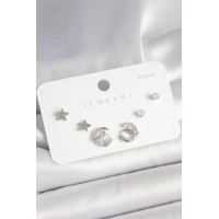 925 Ayar Gümüş Çivi Zirkon Taşlı Hilal Yıldız Model Kadın Küpe Seti