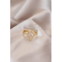 Ayarlamalı Gold Renk Metal Zirkon Taşlı Damla Model Yüzük