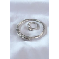 Çelik Gümüş Renk Burgu Model Erkek Bileklik Yüzük Seti